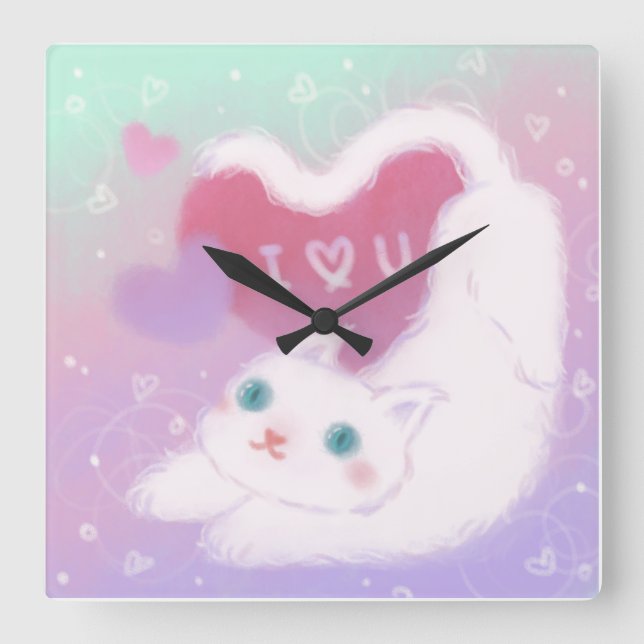 Happy Valentine's Day with Fluffy White Cat Quadratische Wanduhr (Vorderseite)