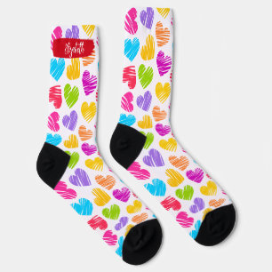Happy Valentines Girly Vibranly Doodled Herzname Socken