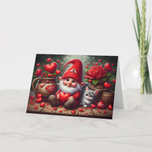 Happy Valentine's Gnome mit Katzenhintergrund Feiertagskarte