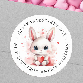 Happy Valentines Tag niedlicher Hase Herz Runder Aufkleber