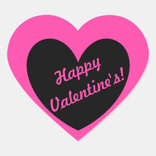 "Happy Valentins" Schwarzes Herz auf fuchsienrosa Herz-Aufkleber