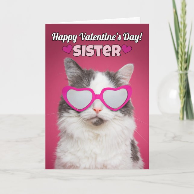 Happy Valentinstag Schwester Niedliche Katze Feiertagskarte (Vorderseite)