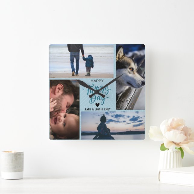 Happy Vatertag Foto Collage Individuelle Namen Quadratische Wanduhr (Zuhause)