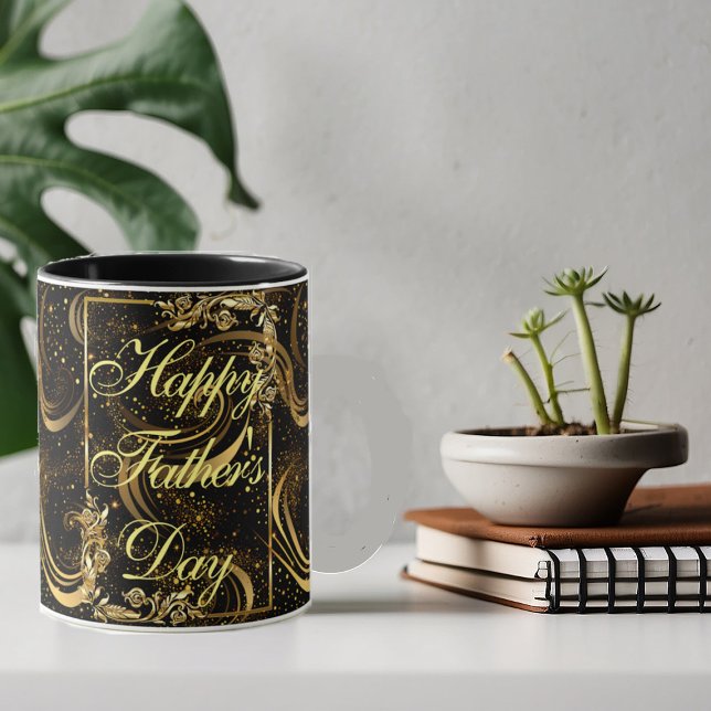 Happy Vatertag Gold Kalligraphie Black Wirbel Tasse (Happy Father's Day Gold Calligraphy Black Swirls Mug)