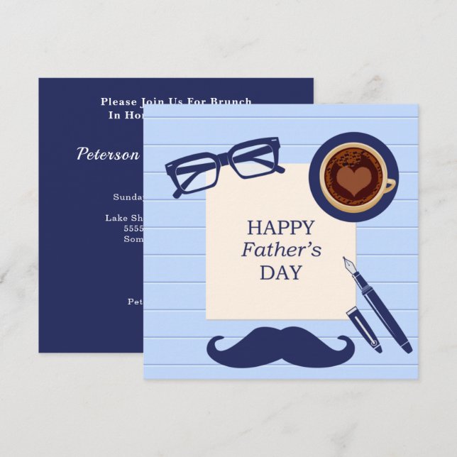 Happy Vathers Day Fun Blue Mustache Familie Brunch Einladung (Vorne/Hinten)