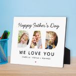 Happy Vathers Day Vater Custom Foto Collage Fotoplatte<br><div class="desc">Schaffen Sie ein stilvolles und unvergessliches Geschenk für den Vater in diesem Vatertag! Dieses Dekorzeichen mit individueller Tischdekoration zeigt eine Collage von drei Lieblingsbildern der Familie, die als moderne und kühn serf-Schrift entworfen wurden. Personalisieren Sie den benutzerdefinierten Text mit den Namen der Kinder und ändern Sie den schwarzen Text, das...</div>
