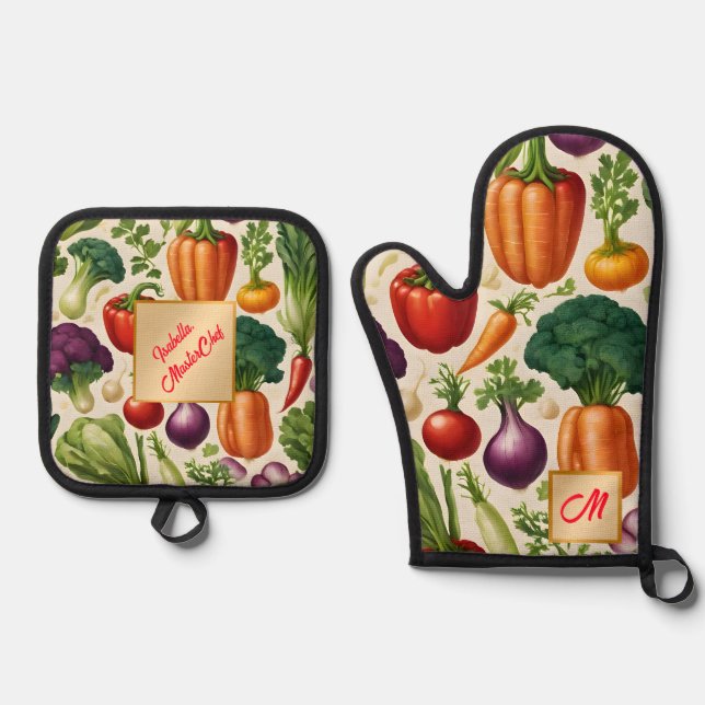 Happy Vegetables Gesunde Lebensmittel Moderne Samm Ofenhandschuh & Topflappen-Set (Vorderseite)