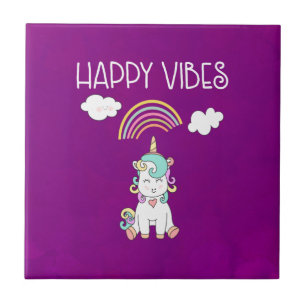 Happy Vibes Typografie Niedlich Lächeln Einhorn Fliese