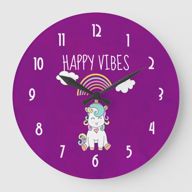 Happy Vibes Typografie Niedlich Lächeln Einhorn Große Wanduhr (Vorderseite)