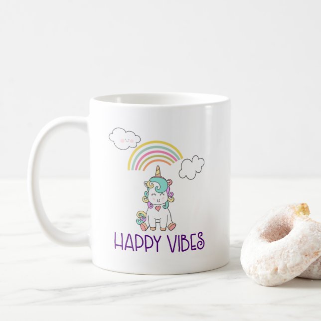 Happy Vibes Typografie Niedlich Lächeln Einhorn Tasse (Mit Donut)