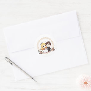 Happy Vintage Wedding Couple - Chibi Design Runder Aufkleber