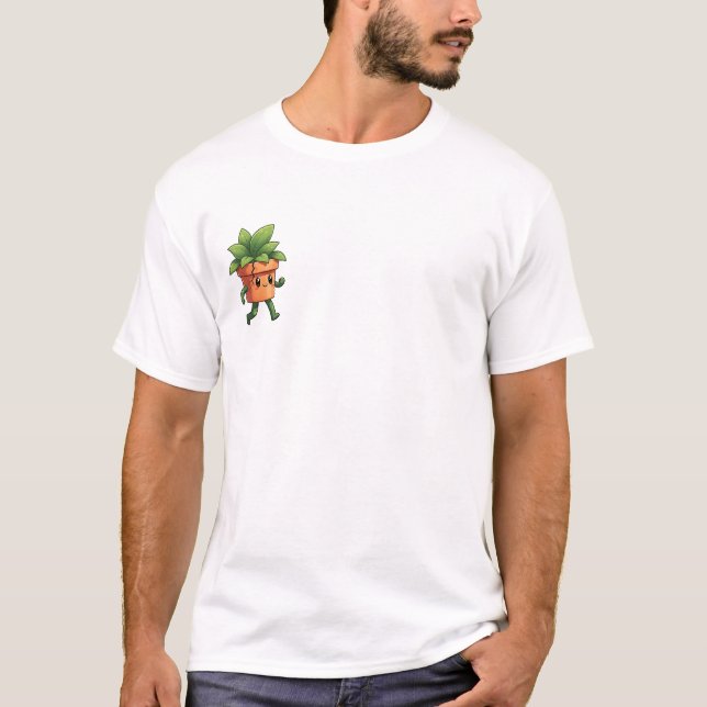 Happy Walking Potted Plant Character with Cracked T-Shirt (Vorderseite)