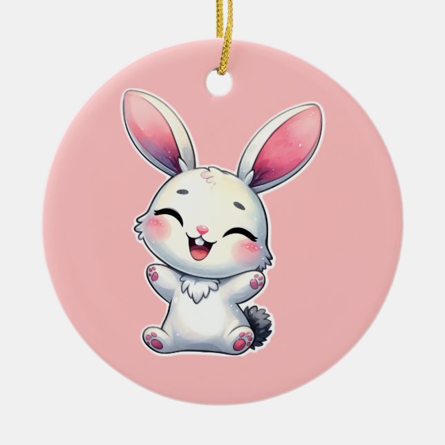 Happy Watercolor Bunny Keramik Ornament (Vorne)