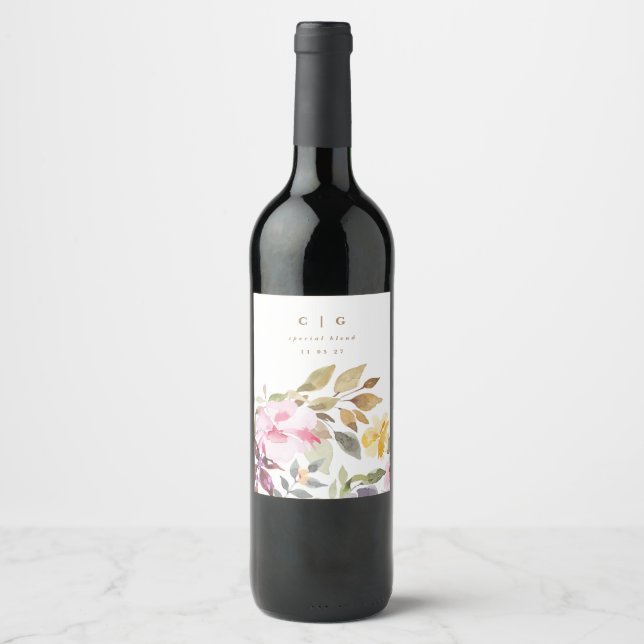 Happy Watercolor Florals Wedding Flasche Weinetikett (Vorderseite)