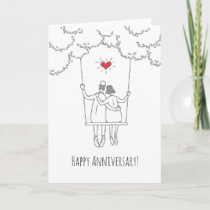 Happy Wedding Anniversary Red Heart Swing Couple Karte