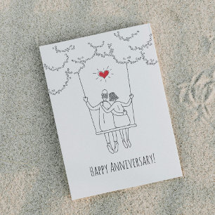 Happy Wedding Anniversary Red Heart Swing Couple Postkarte