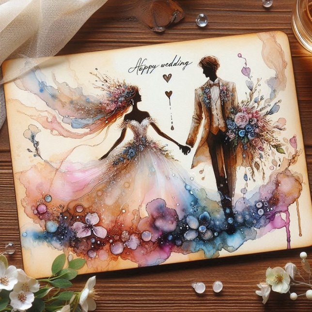 Happy Wedding Grußkarten Postkarte (Happy Wedding Greeting Cards with Design paint Alcohol Inks )