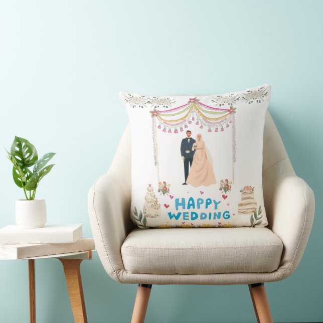 Happy Wedding Throw Pillow – White Background  Kissen (Stuhl )