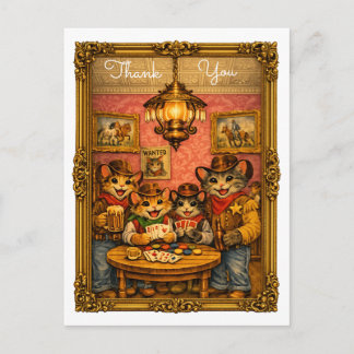 Happy Western Cowboy Cats Saloon Scene Thank You Postkarte