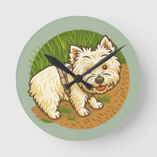 Happy Westie on Nature Trail Runde Wanduhr