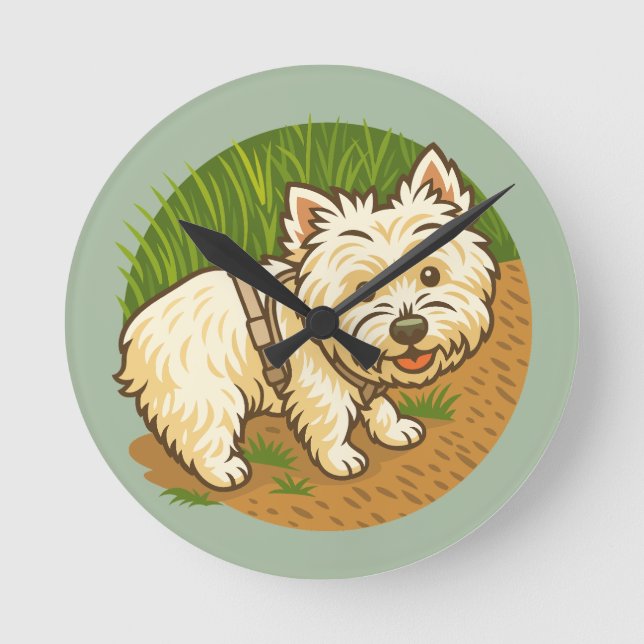 Happy Westie on Nature Trail Runde Wanduhr (Vorderseite)