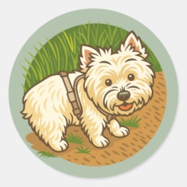Happy Westie on Nature Trail Runder Aufkleber