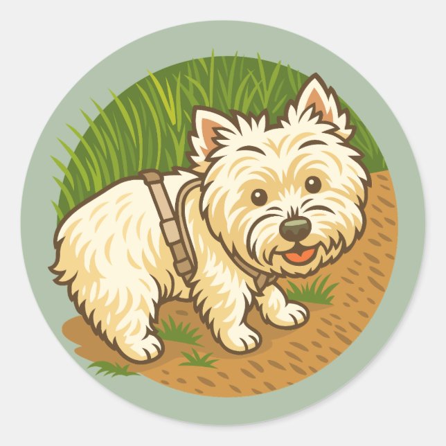 Happy Westie on Nature Trail Runder Aufkleber (Vorderseite)
