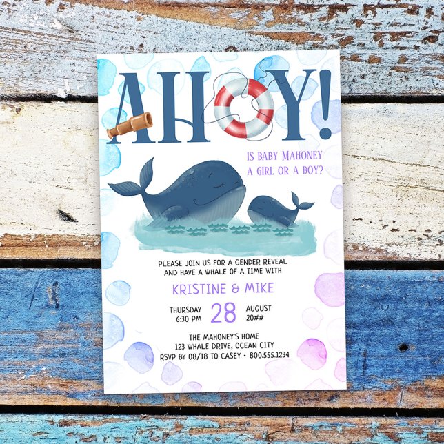 Happy Whale Ahoy Ist es eine weibliche oder junge  Einladung (Nautical Gender Reveal Invitation from my Happy Whale collection Message if you need different items)