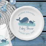 Happy Whale Niedlich Baby Shower Paper Plate Pappteller<br><div class="desc">Personalisierte Teller mit Babydusche mit Aquarellbildern,  in denen Mami und Kleinwale glücklich im Ozean schwimmen. "Baby Shower" wird per Hand geschrieben und Sie können mit Ihrem Namen und dem Datum Ihrer Veranstaltung personalisieren. Bitte stöbern Sie in meinem Shop für passende Einladungen und Zubehör in der Happy Whale Kollektion.</div>