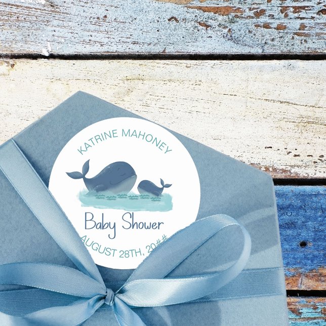 Happy Whale Personalisiert Boy Baby Shower Runder Aufkleber (Whale baby shower stickers from my Happy Whale collection. Message if you need different items.)