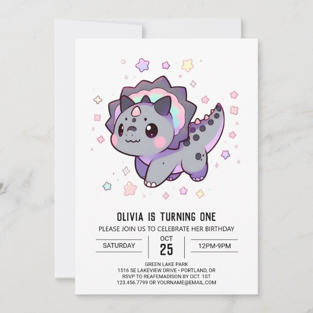 Happy Whimsical Dinosaurier 1. Geburtstag Einladung (Vorderseite)