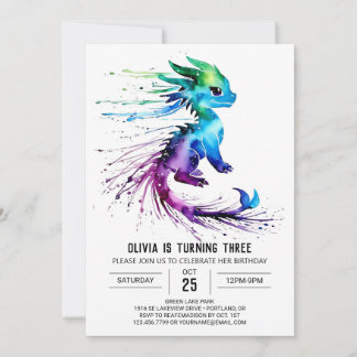 Happy Whimsical Dragon Digital Girl Geburtstag Einladung