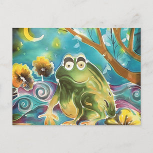 Happy Whimsical Frog at Night Silk Painting Postkarte