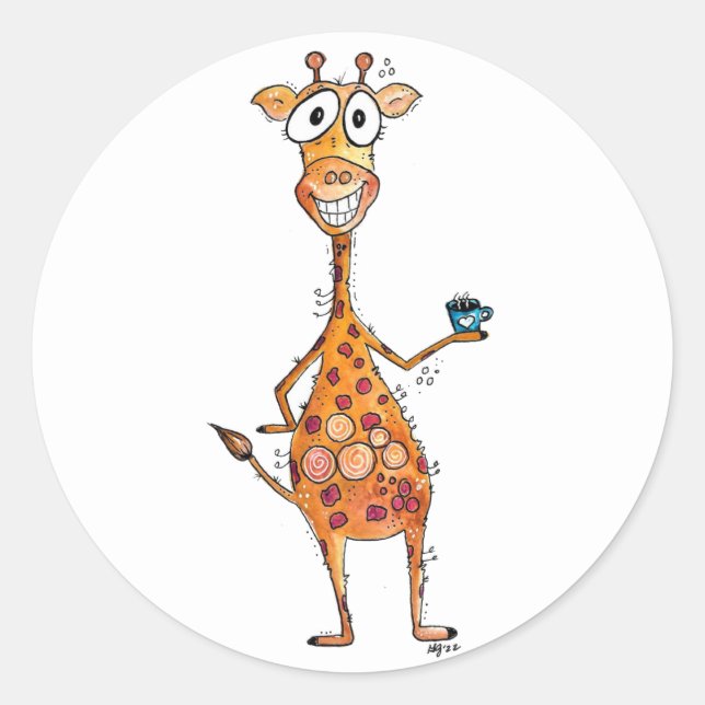 Happy Whimsical Giraffe Drink Kaffee Runder Aufkleber (Vorderseite)