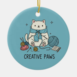Happy White Cat Knit Blue Yarn Craft Lover Decor Keramik Ornament