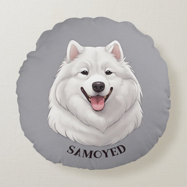 Happy White Samoyed Dog Rundes Kissen (Vorderseite)