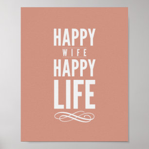 Happy Wife Happy Life Quote Print in Salmon Poster
