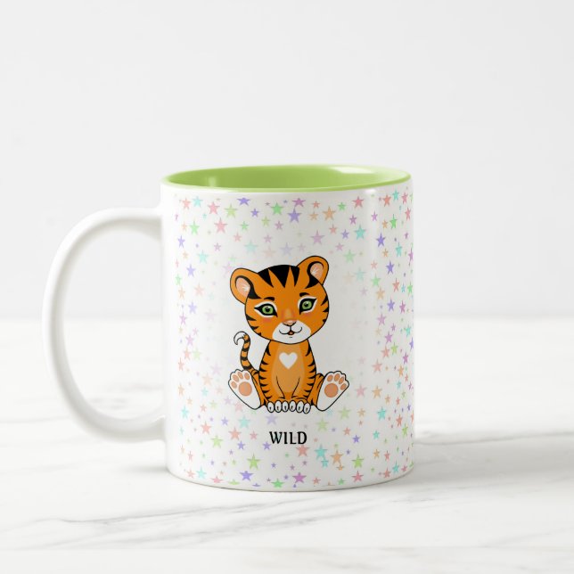 Happy Wild Tiger & mehrfarbige Stars Zweifarbige Tasse (Links)