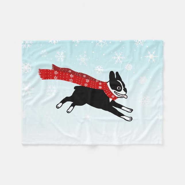 Happy Winter Fun Boston Terrier mit Red Scarf Fleecedecke (Vorderseite (Horizontal))