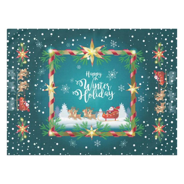 Happy Winter Holiday Snowy Fairy Tale with Santa Tischdecke (Vorderseite (Horizontal))