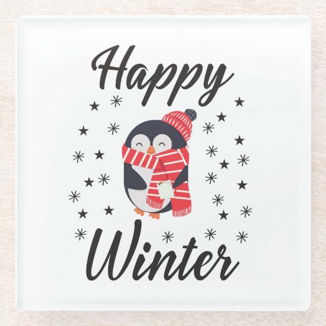Happy Winter, Niedlicher Pinguin Glasuntersetzer (Vorderseite)
