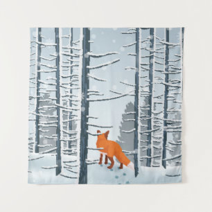 Happy Winter with Forest Landscape and fox animal Wandteppich