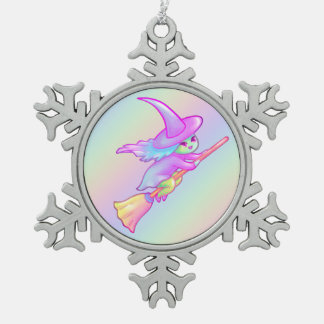 Happy Witz auf Broomstick Gezeichnet Schneeflocken Zinn-Ornament