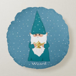 Happy Wizard Gnome & Magic Lamp auf Sapphire Blue Rundes Kissen