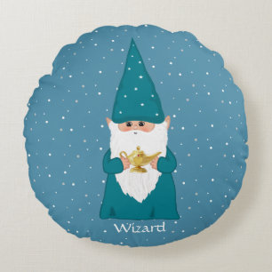 Happy Wizard Gnome & Magic Lamp auf Sapphire Blue Rundes Kissen