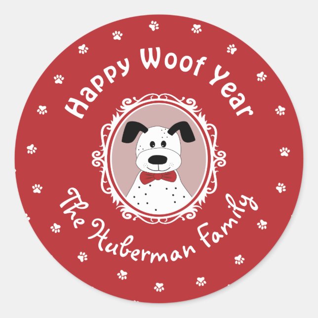 "Happy Woof Year"-Dalmatiner Weihnachten Runder Aufkleber (Vorderseite)