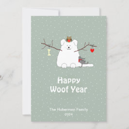 "Happy Woof Year" Hundeschlittenweihnachtskarte Feiertagskarte