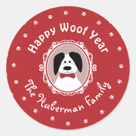 "Happy Woof Year" Niedlicher Hund Weihnachten Runder Aufkleber