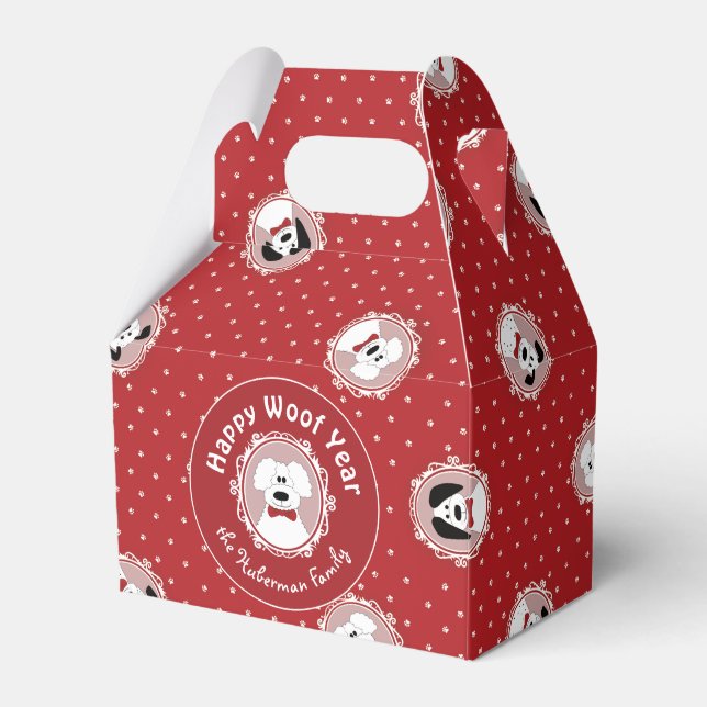 "Happy Woof Year" Poodle Christmas Favor Box Geschenkschachtel (Vorderseite)