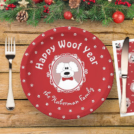 'Happy Woof Year' Poodle mit einer Bow-Krawatte Pappteller